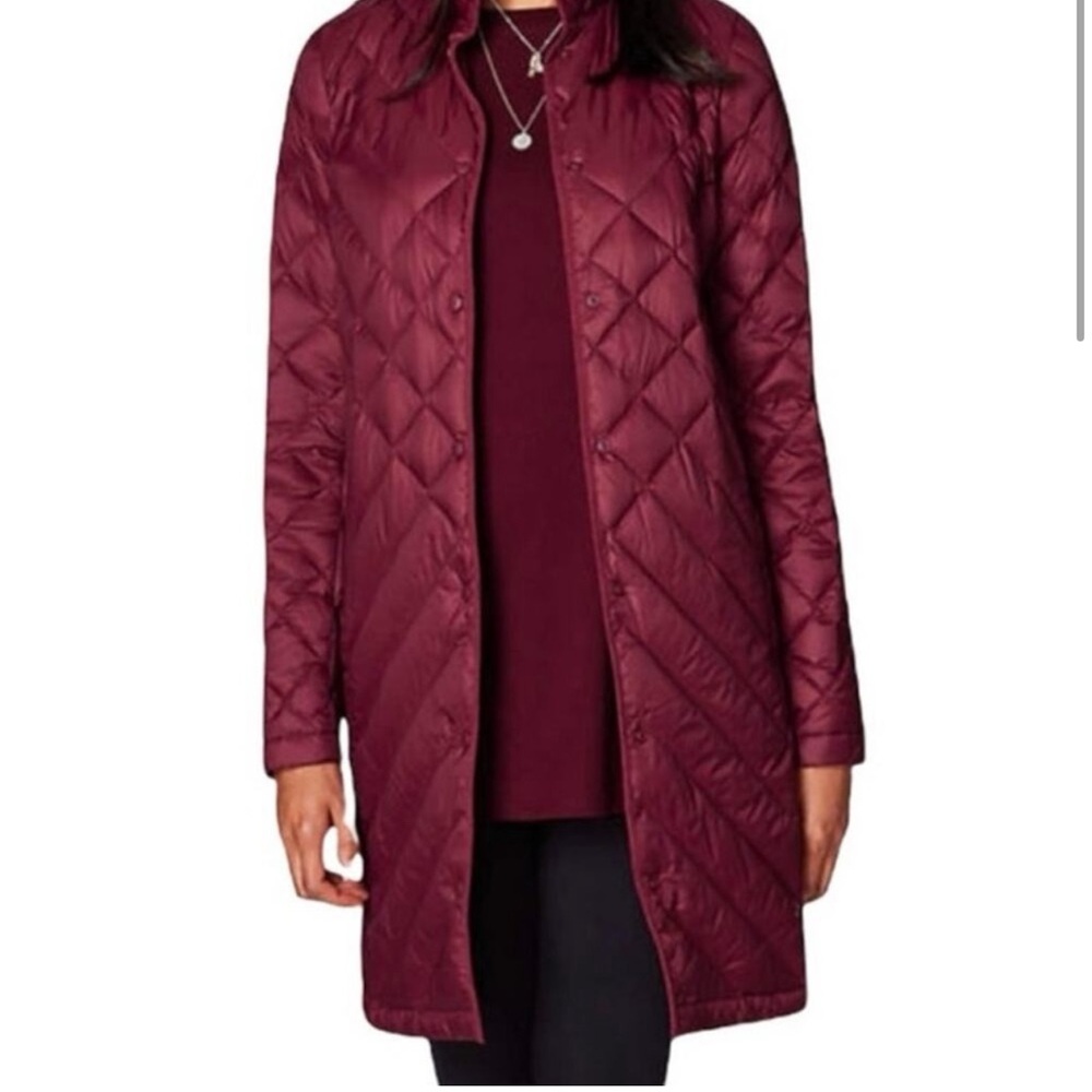J. Jill Red Puffer Jacket with Diamond Quilting and Stand-Up Collar